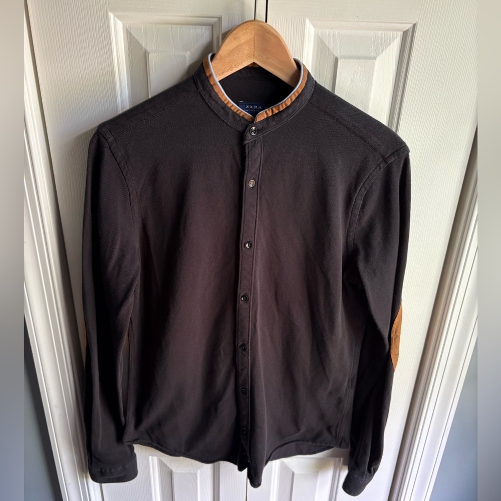 Zara Man Black Slim Fit Button Down Cotton Shirt Elbow Patches Size Small
